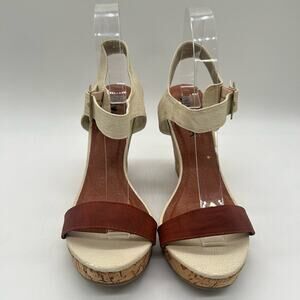 Diviana‎ Sandal Womens Brown Cream 8 Ankle Strap Open Toe Wedge Sandal NEW